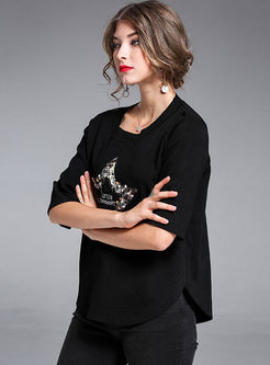 Street Sequins Embroidered Half Sleeve Knitted T-shirt