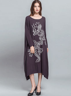Ethnic Floral Print Loose Long Sleeve Shift Dress