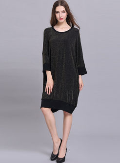 Stylish Loose Batwing Sleeve Splicing Knitted Dress
