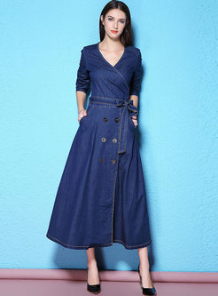 Blue V-neck Bowknot Belt Long Sleeve Maxi Dress