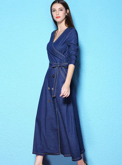 Blue V-neck Bowknot Belt Long Sleeve Maxi Dress