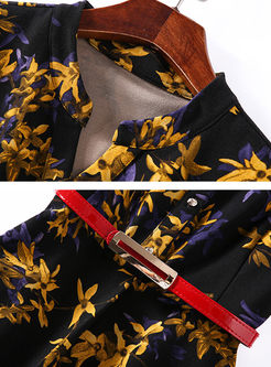 Floral Print Belt V-neck Skater Dress