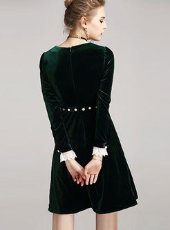 Elegant Velvet V-neck Long Sleeve Skater Dress