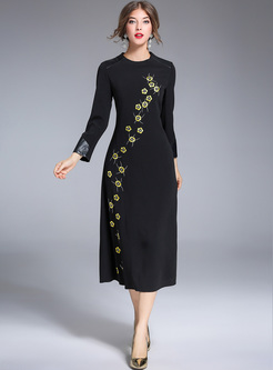 Elegant Flower Embroidery Slim Skater Dress