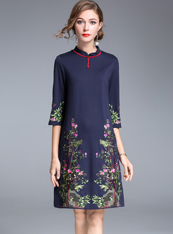Vintage Floral Embroidery Stand Collar Shift Dress