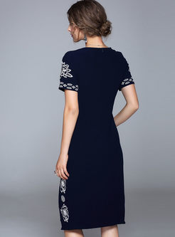 Blue Embroidered Slit Short Sleeve Bodycon Dress
