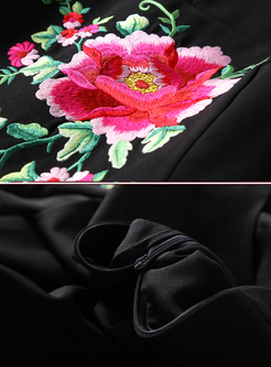 Brief Flower Embroidery Skater Dress