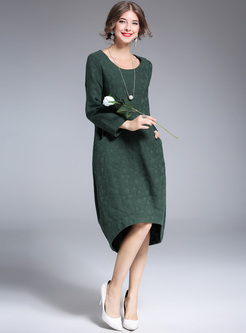 Green Casual Jacquard Asymmetric Hem Shift Dress