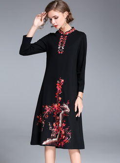 Vintage Flower Embroidery Stand Shift Dress