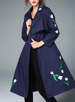 Brief Embroidered Long Sleeve Trench Coat