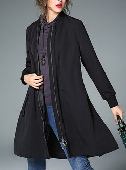 Brief Embroidered Loose Stand Collar Trench Coat