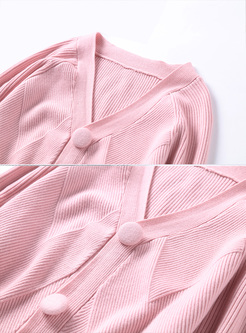 Pink Elegant V-neck Single-breasted Knitted Coat