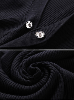 Black V-neck Single-breasted Knitted Coat