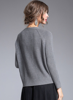 Grey V-neck Single-breasted Knitted Coat