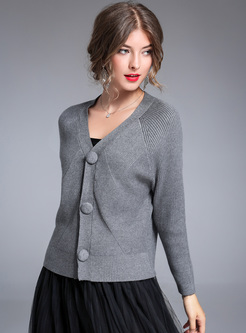 Grey V-neck Single-breasted Knitted Coat