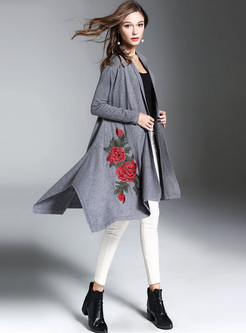 Elegant Flower Embroidery Asymmetric Knitted Coat
