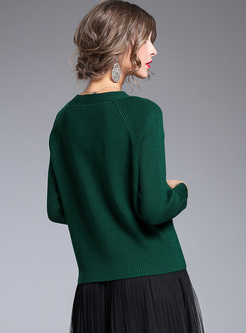 Brief Green V-neck Single-breasted Knitted Coat