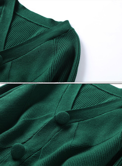 Brief Green V-neck Single-breasted Knitted Coat