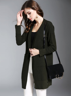 Brief Green Pocket Patch Straight Knitted Coat