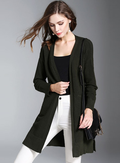 Brief Green Pocket Patch Straight Knitted Coat