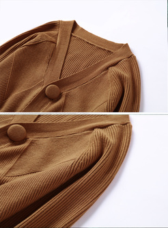 Brown Single-breasted V-neck Knitted Coat