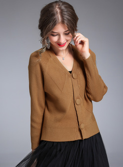 Brown Single-breasted V-neck Knitted Coat