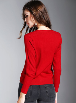 Red Single-breasted V-neck Zip-up Sweater