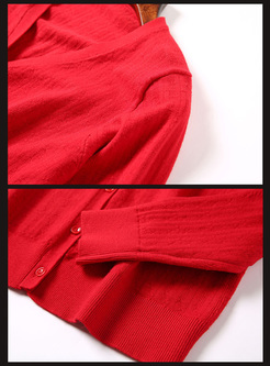 Red Single-breasted V-neck Zip-up Sweater