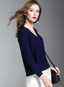Blue Brief V-neck Slim Zip-up Knitted Sweater