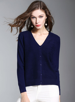 Blue Brief V-neck Slim Zip-up Knitted Sweater