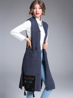 Slim Blue Patched Knitted Vest