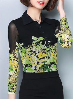Floral Print Mesh Stitching Long Sleeve Blouse