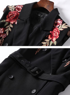 Black Embroidered Turn Down Collar Sleeveless Skater Dress