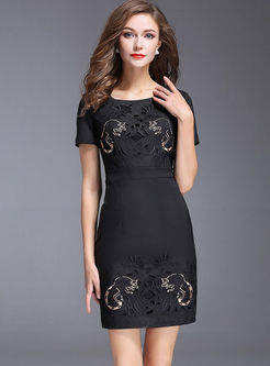 Black Embroidered Short Sleeve Bodycon Dress