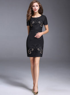 Black Embroidered Short Sleeve Bodycon Dress