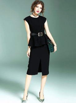Black Falbala Sleeveless Belt Two-piece Outfits