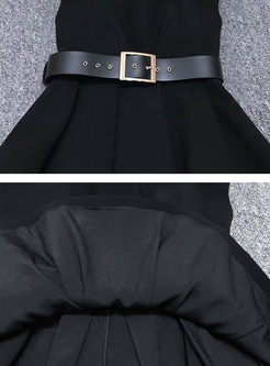 Black Falbala Sleeveless Belt Two-piece Outfits