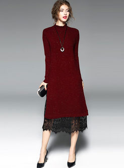 Lace Stitching Knitted Long Sleeve Knitted Dress