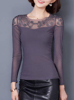 Mesh See Through Embroidered Long Sleeve Top