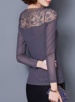 Mesh See Through Embroidered Long Sleeve Top