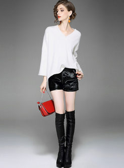 Chic V-neck Patch Flare Sleeve Knitted Sweater