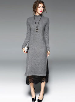 Lace Stitching Knitted Long Sleeve Knitted Dress