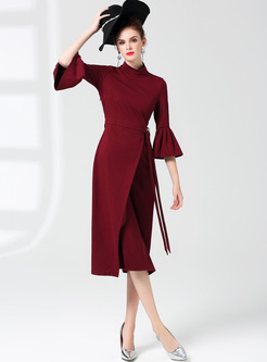 Elegant Flare Sleeve Asymmetric Belted Bodycon Dress