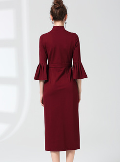 Elegant Flare Sleeve Asymmetric Belted Bodycon Dress