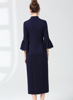 Blue Flare Sleeve Asymmetric Belted Bodycon Dress