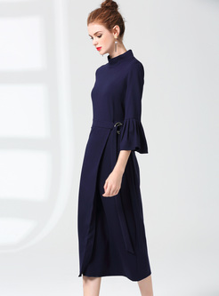 Blue Flare Sleeve Asymmetric Belted Bodycon Dress