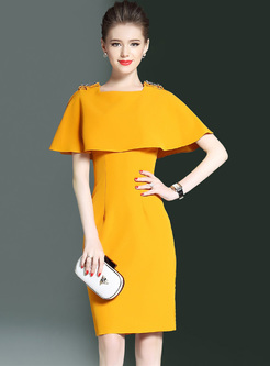 Yellow Elegant Sleeve-caped Rivet Bodycon Dress
