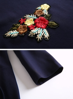 Street Blue Embroidery V-neck Skater Dress