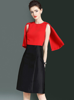 Party Sleeve-caped Color-blocked A-line Dress