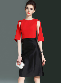 Party Sleeve-caped Color-blocked A-line Dress